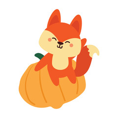 hand drawing cartoon fox with pumpkin. cute animal drawing, doodle for autumn vibes