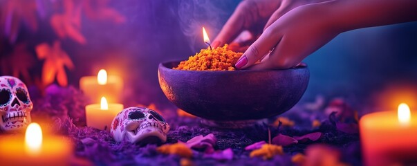 Close-Up of Hands Placing Food Offerings on a Candlelit Altar with Sugar Skulls