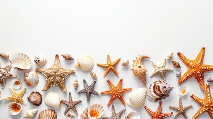 Obraz premium Panoramic perspective of starfish and seashells on a white background