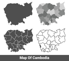 Collection of Cambodia country grey political maps set with border outline vector illustration