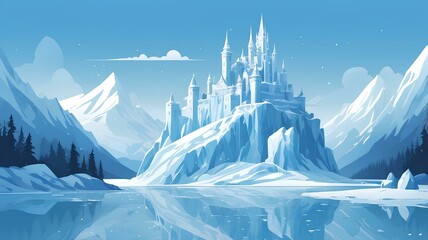A Fantasy landscape a glacier island, snow, fairy, (white bear), Flat illustration, vector art,minimalist,simple,white and blue color palette, a frozen  lake, castle made of ice.Generative ai