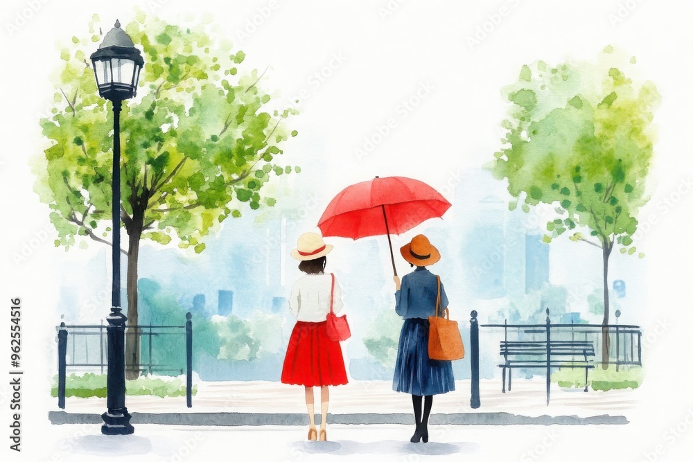 Wall mural Two women enjoy a stroll in the park, sharing a red umbrella under a serene, sunny sky, surrounded by greenery and cityscape.