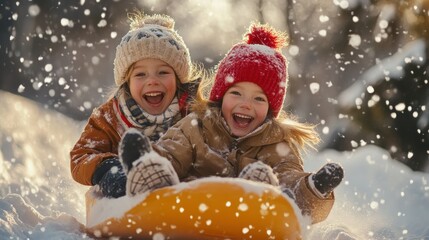 Two Laughing Children Sliding on an Inflatable Tube in the Snow