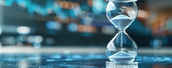 A close-up of an hourglass on a digital background, symbolizing time management and the passage of time in modern life.