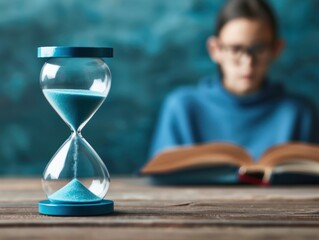 A focused student reading a book with a blue hourglass in the foreground, symbolizing the passage of time and knowledge.