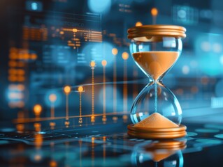 A modern hourglass on a digital backdrop, symbolizing the passage of time and its impact on technology and decisions.