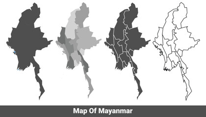 Collection of Mayanmar country grey political maps set with border outline vector illustration