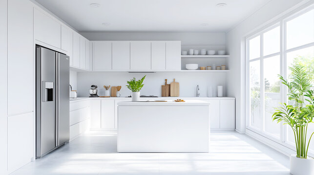 clean white kitchen with simple cabinets, built-in appliances, and a minimalist island in the center