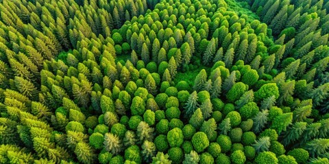 Aerial view of a lush pine tree woodland, drone, aerial, forest, green, trees, nature, landscape, environment