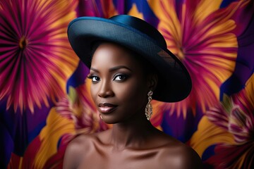 Radiant Elegance Ebony Femininity Portrait with Silk Hat and Colorful Background