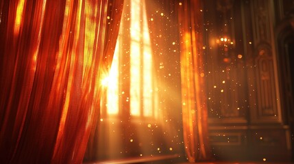 Soft diffuse lighting across a curtain, warm tones, classic theater atmosphere, inviting and cozy
