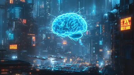 A futuristic scene depicting a glowing digital brain hologram floating in a high-tech, data-filled environment. The room is illuminated with blue neon lights.