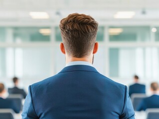 Professional man in suit attending a business meeting, emphasizing focus and concentration in a corporate environment.