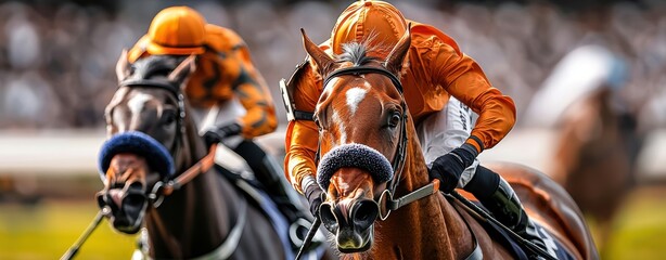 Two racehorses sprinting towards the finish line, showcasing speed and competitive spirit in a thrilling horse racing event.