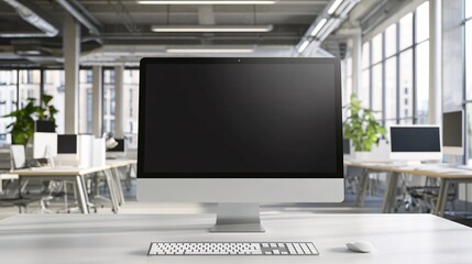 Fototapeta premium Close up of a desktop computer on a white desk in a modern office.