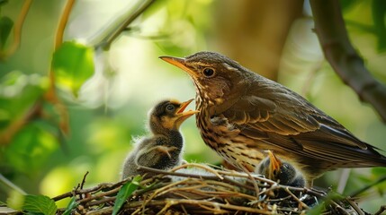 Mother Bird Feeding Her Chicks in a Nest