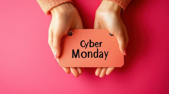 Hands holding colorful Cyber Monday sale card over a pink background. Concept of online shopping deals and holiday sales.