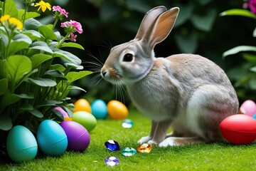 Charming Bunny Uncovers Colorful Easter Eggs in a Vibrant Garden Adventure