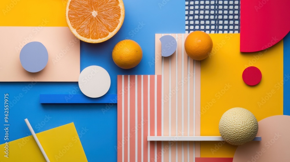 Poster Abstract Composition with Fruit and Geometric Shapes