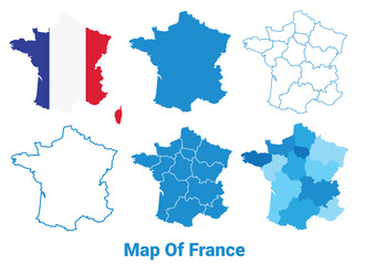 France Maps in different style political map flag outline vector illustration set