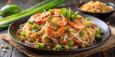 Delicious Pad Thai noodles topped with shrimp, peanuts, bean sprouts