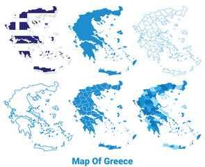 Greece Maps in different style political map flag outline vector illustration set