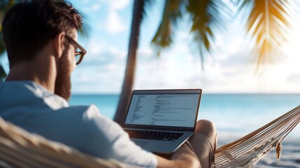 Digital Nomad Enjoying Remote Website Development at Tropical Beach Getaway