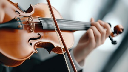 A close-up of a musician playing a violin, showcasing the instrument's intricate details and the artistry of music performance.