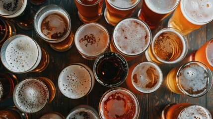 Top View of Frothy Beer Glasses on Wooden Table