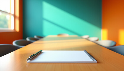 Minimalist Meeting Room Table with Notepad and Pen