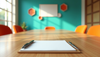 Bright Meeting Room with Notepad and Pen on Desk