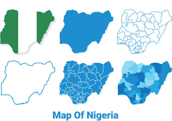Nigeria Maps in different style political map flag outline vector illustration set