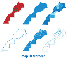 Morocco Maps in different style political map flag outline vector illustration set