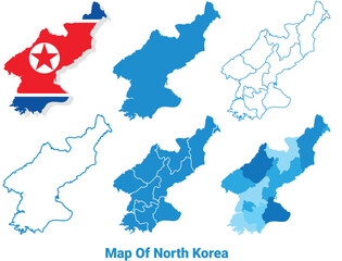 Obraz premium North Korea Maps in different style political map flag outline vector illustration set