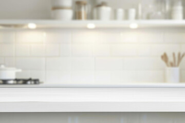 A modern kitchen countertop with a blurred background, showcasing a clean, minimalist design.