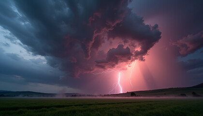 Lightning Strike over Green Field with Dramatic Pink-Blue Sky