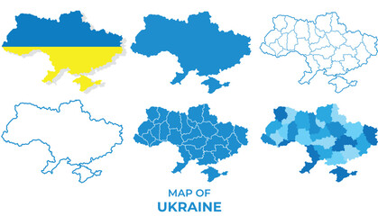Ukraine Maps in different style political map flag outline vector illustration set