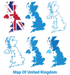 United Kingdom Maps in different style political map flag outline vector illustration set