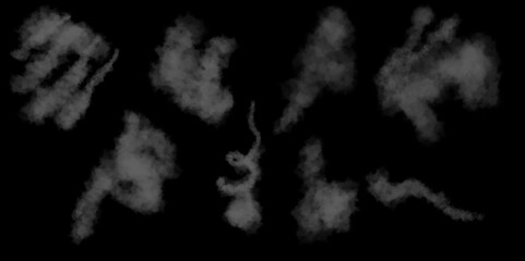A set of four different types of swirling, writhing smoke, steam isolated on a black background for overlaying. White mist or smog background.  Horizontal and vertical steam. Abstract smoky background