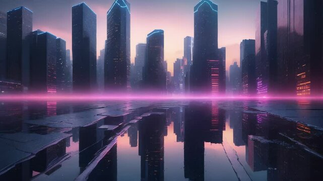 Cyberpunk Cityscape with Neon Lights and Reflections