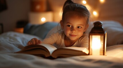 A little girl lies on her bed, reading an old book under the light of a vintage lantern. A mysterious glow illuminates the pages. Halloween Day concept