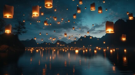 Obraz premium Illuminated Sky Lanterns Floating Over a Tranquil Lake at Night