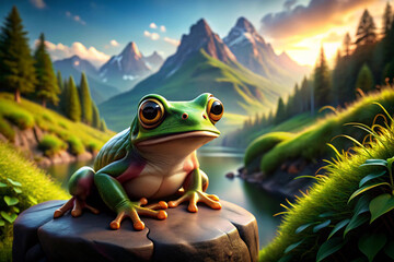 A Green Frog Perched on a Rock in a Mountainous Landscape