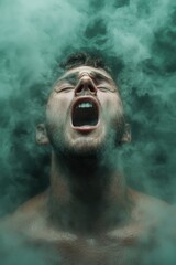 man exhaling smoke in green mist