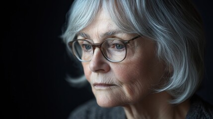 Fototapeta premium Contemplative Elderly Woman with Gray Hair and Glasses in Pensive Expression