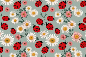 Charming Floral Pattern of Gentle Garden Daisies and Crimson Ladybugs in Soft Pastel Colors