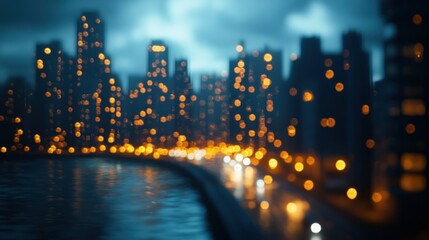 Blurred Cityscape with Reflections in Water