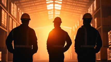Silhouette of a manager directing workers as they organize cargo in a high-ceilinged warehouse, silhouette manager directing, warehouse storage operations
