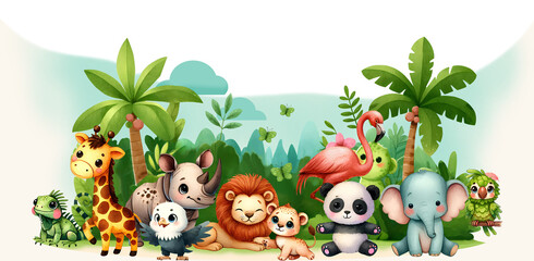 Obraz premium Watercolor cute cartoon clip art of a tropical