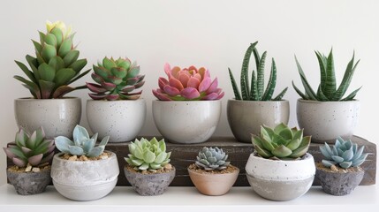 Fototapeta premium Succulents and cacti in concrete pots on white shelf.
